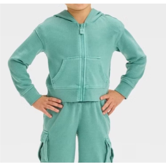 Cat & Jack Wide Leg Crop Cargo Sweatpants and Matching Hoodie Green - Picture 1 of 6